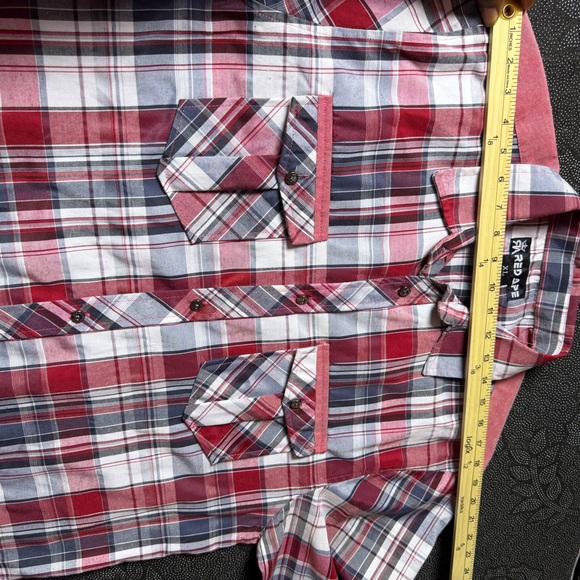 Men's Red and Blue Plaid Casual Button Down Shirt - Picture 6 of 14